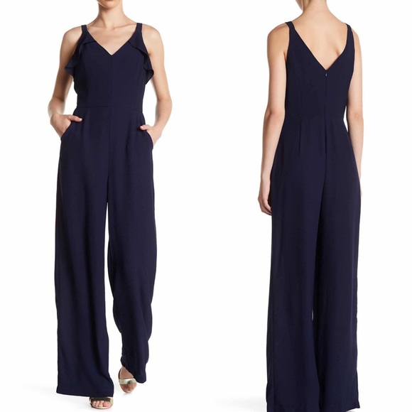 Adelyn Rae Pants - Adelyn Rae Navy Sleeveless Ruffle Trim Jumpsuit